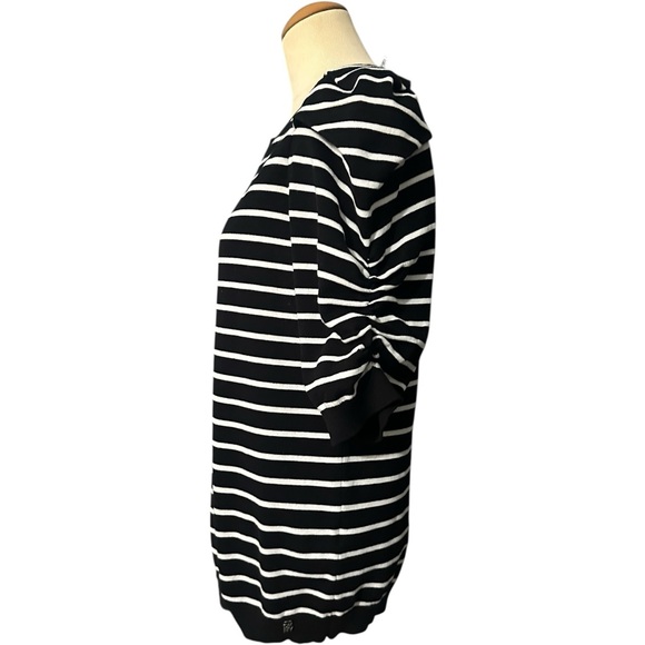 DKNY Crew Neck Striped Puff Sleeve Top Black White Size L - Picture 3 of 5